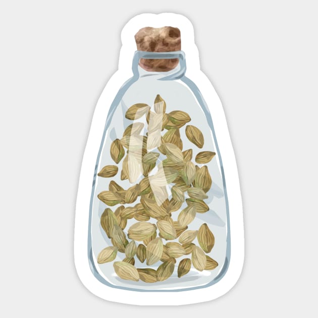 Cardamon seedcases in a glass bottle Sticker by Amalus-files